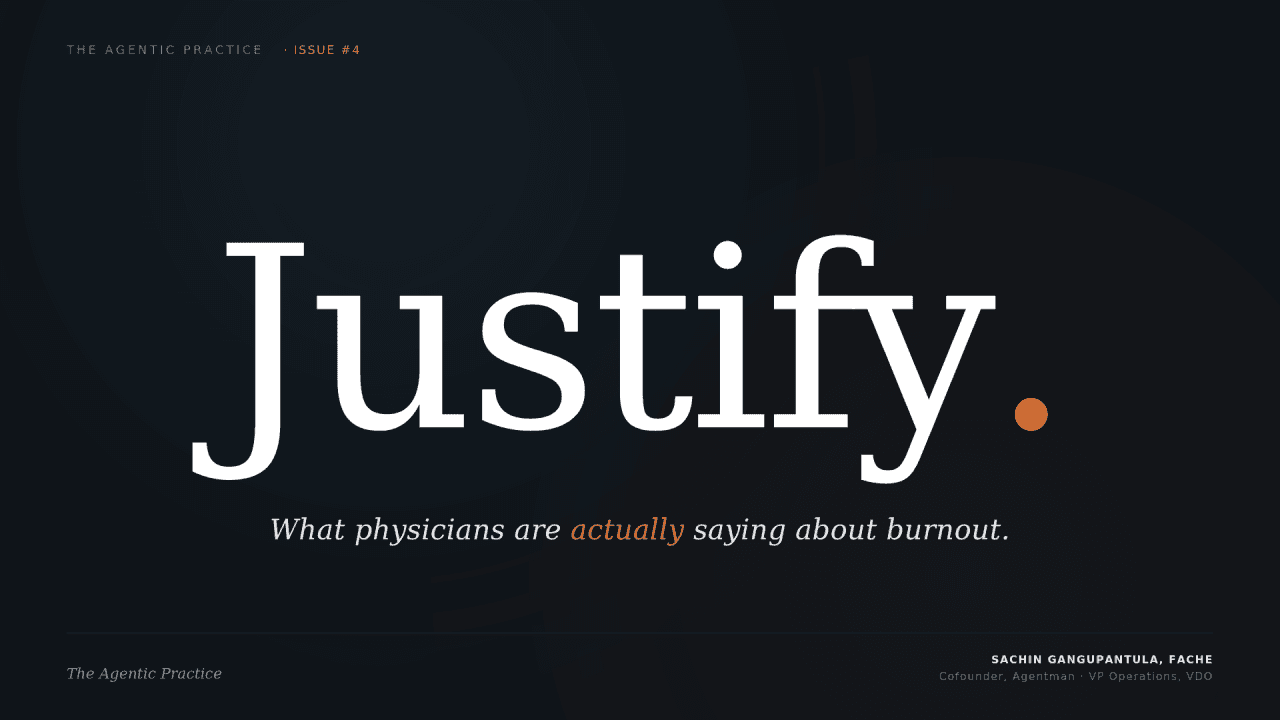The Agentic Practice Issue 4 cover: the word Justify with the subtitle What physicians are actually saying about burnout
