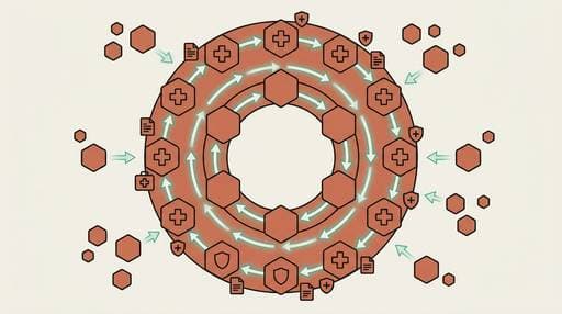 Flat design illustration of a healthcare AI flywheel with interconnected clinic nodes sharing knowledge across a network