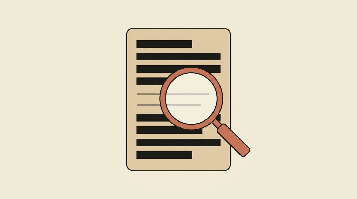 A tall tan document with several lines of text, most of them covered by solid charcoal redaction bars, and a single terracotta-outlined magnifying glass hovering over the two lines left visible — an agent seeing only the minimum necessary fields.