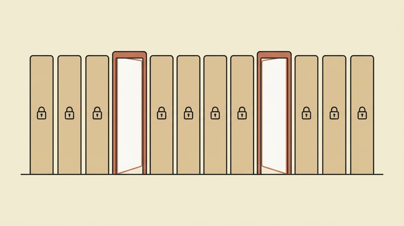 A row of many small tan door shapes, most closed with a small padlock, and a few open ones outlined in terracotta showing light through the doorway — vendors that gate the product behind a demo beside the few offering a self-serve trial.