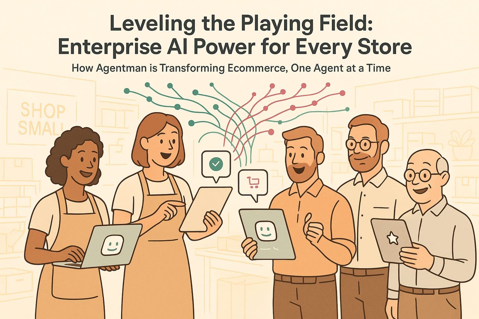 Illustration of AI agents helping small ecommerce stores compete with enterprise retailers