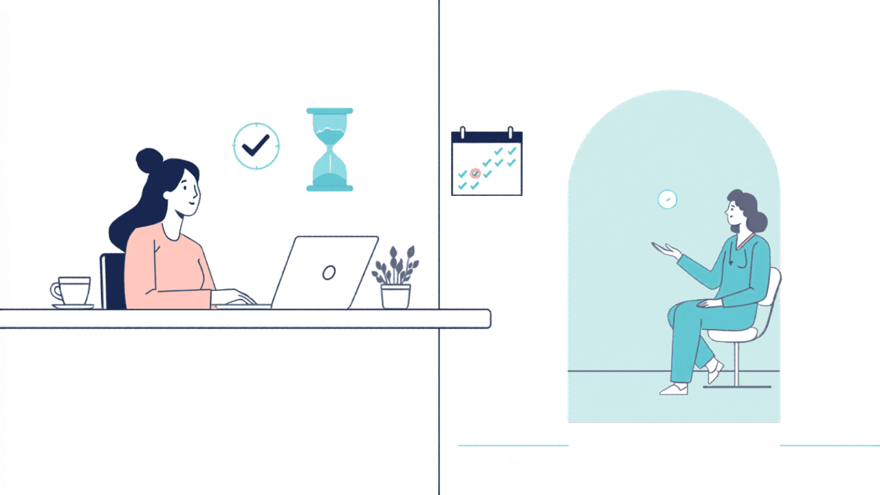 Flat-vector illustration of a calm front-desk worker at a medical practice reviewing a scheduling dashboard with completed checkmarks, while in an adjacent room a clinician has an unhurried conversation with a patient — visualizing how recovered staff hours from automated eligibility verification translate into more attentive patient care.