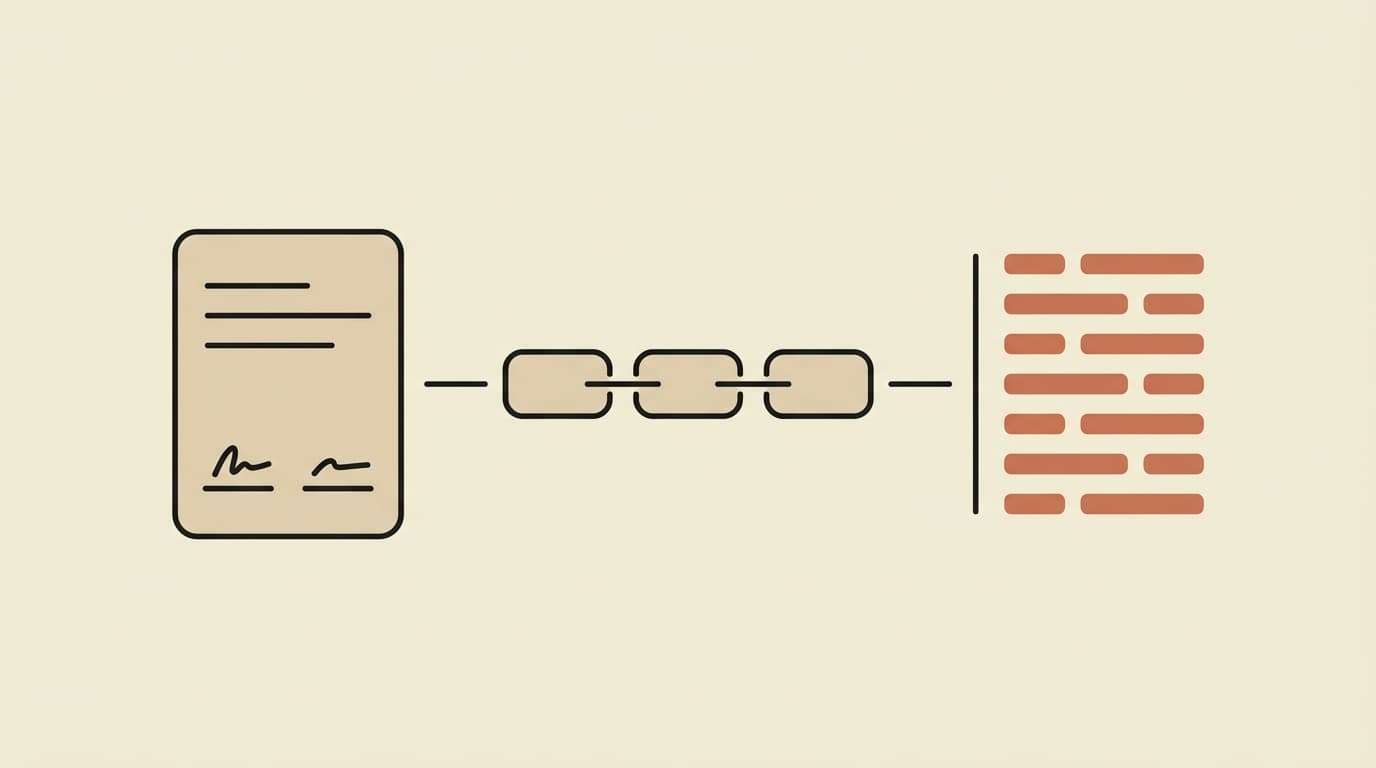 Three elements in a row joined by thin lines: a tan document with signature marks, a horizontal chain of three linked tiles, and a block of stacked terracotta dashes beside a vertical rule — the signed agreement, the subprocessor chain it binds, and the audit log that records what happened.