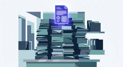 Flat geometric illustration of a tall stack of paper documents with one critical document highlighted in indigo rising to the top, representing a priority hospital discharge fax surfacing from a busy practice inbox