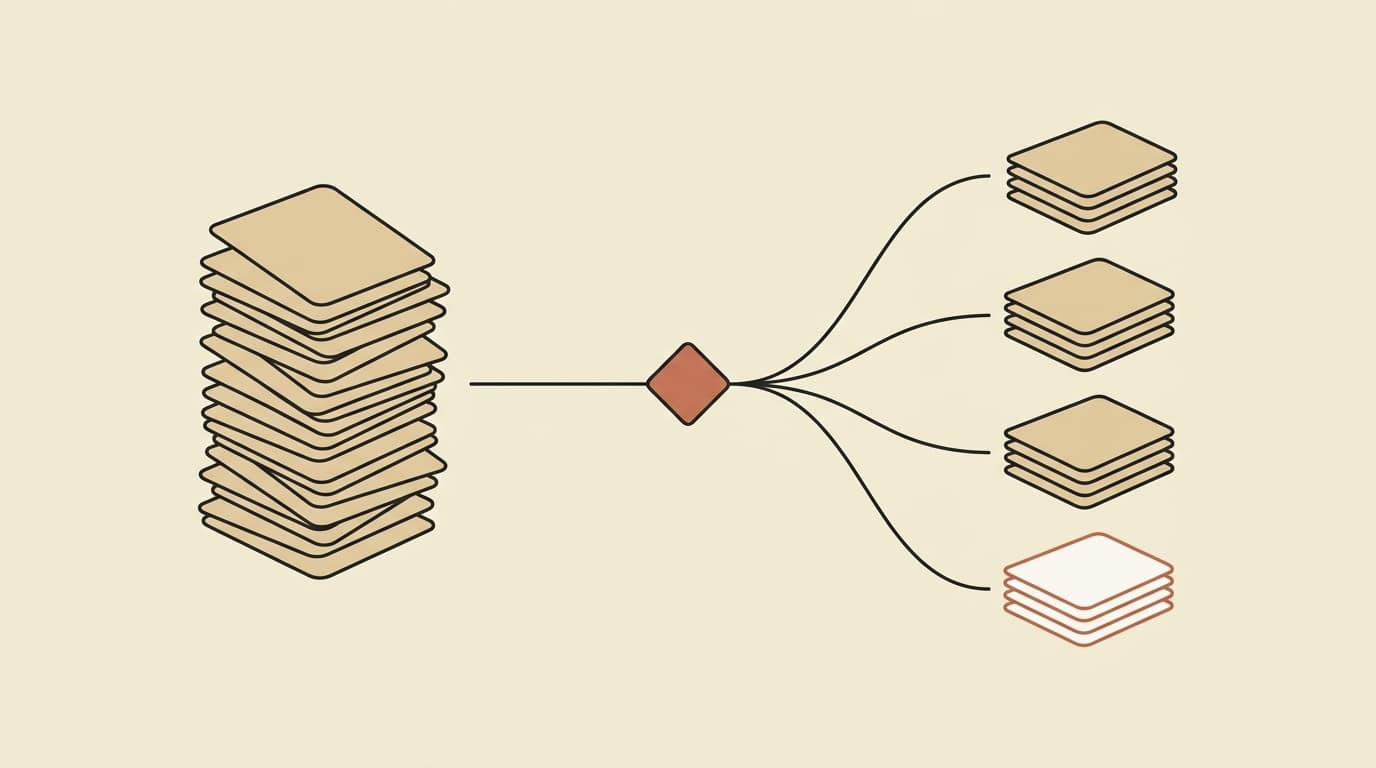 A single tall stack of papers on the left flows through a terracotta sorting point into four small neat stacks on the right, with one stack outlined in terracotta to mark the few messages that need a human.
