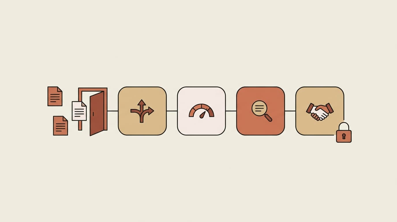 Flat editorial illustration of contracts flowing through a front door into four chained AI agent skills — intake triage, risk scoring, analysis, and negotiation — with a padlock signaling use-only governance