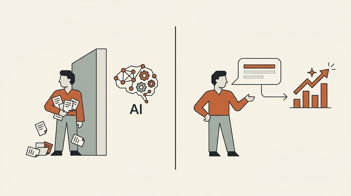 Split illustration: on the left, a domain expert sidelined behind an AI barrier filing requirement tickets; on the right, the same expert describing the behavior in plain English, leading to a productivity boost.