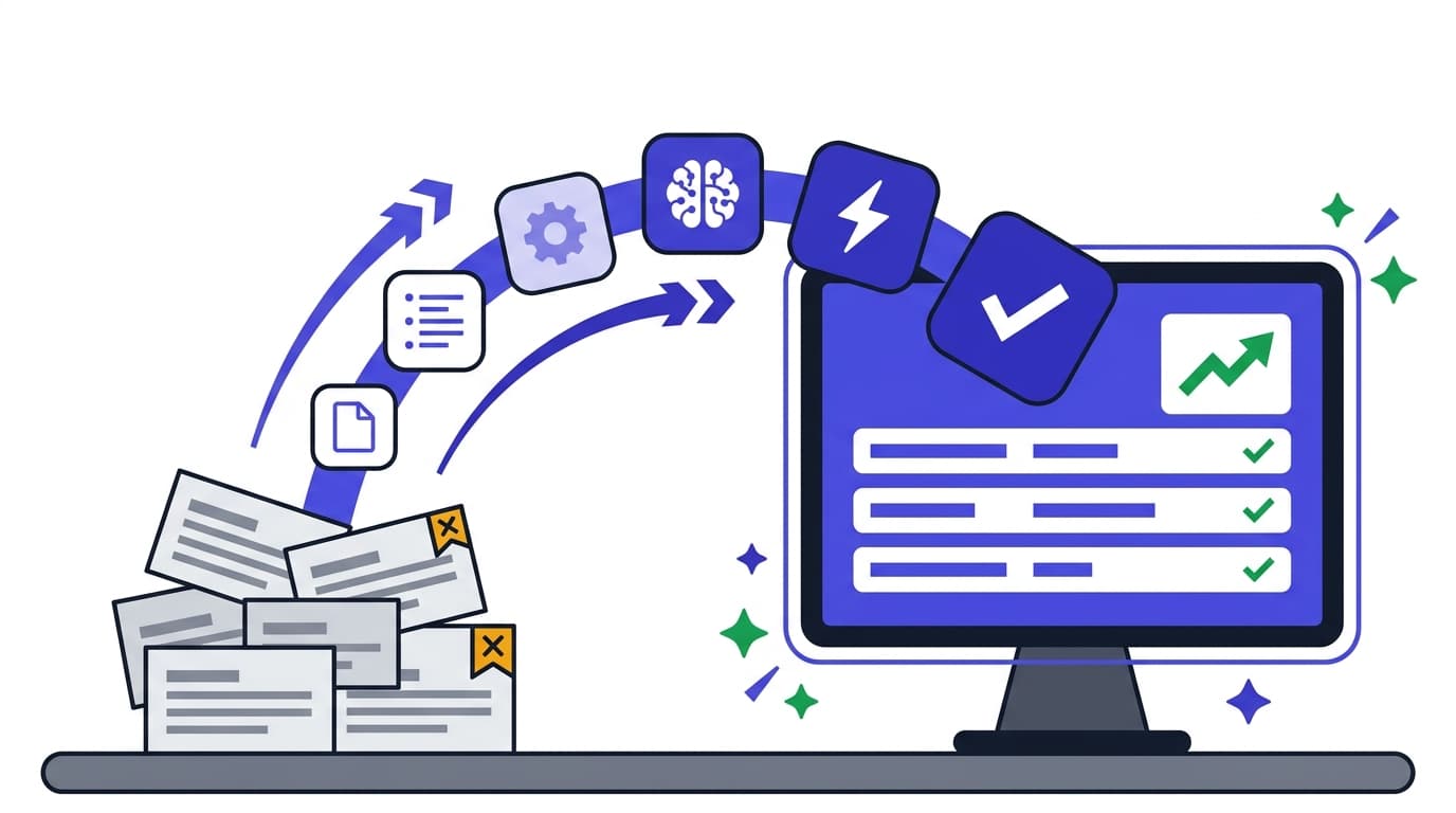 Flat geometric illustration showing chaotic prior authorization paperwork on the left, with a powerful stream of agent skills flowing into a fully energized computer dashboard on the right — visualizing how Agentman's MedMan PA automation transforms manual document logistics into a powered, in-control workflow