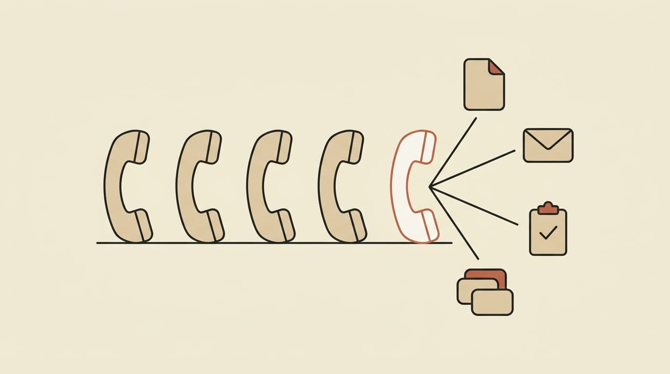 Five telephone handsets in a row on a thin baseline. Four are plain tan and stand alone; the fifth, outlined in terracotta, fans four thin lines out to a document, an envelope, a clipboard with a checkmark, and a stack of cards — a voice agent that also handles the back-office queues the others cannot.