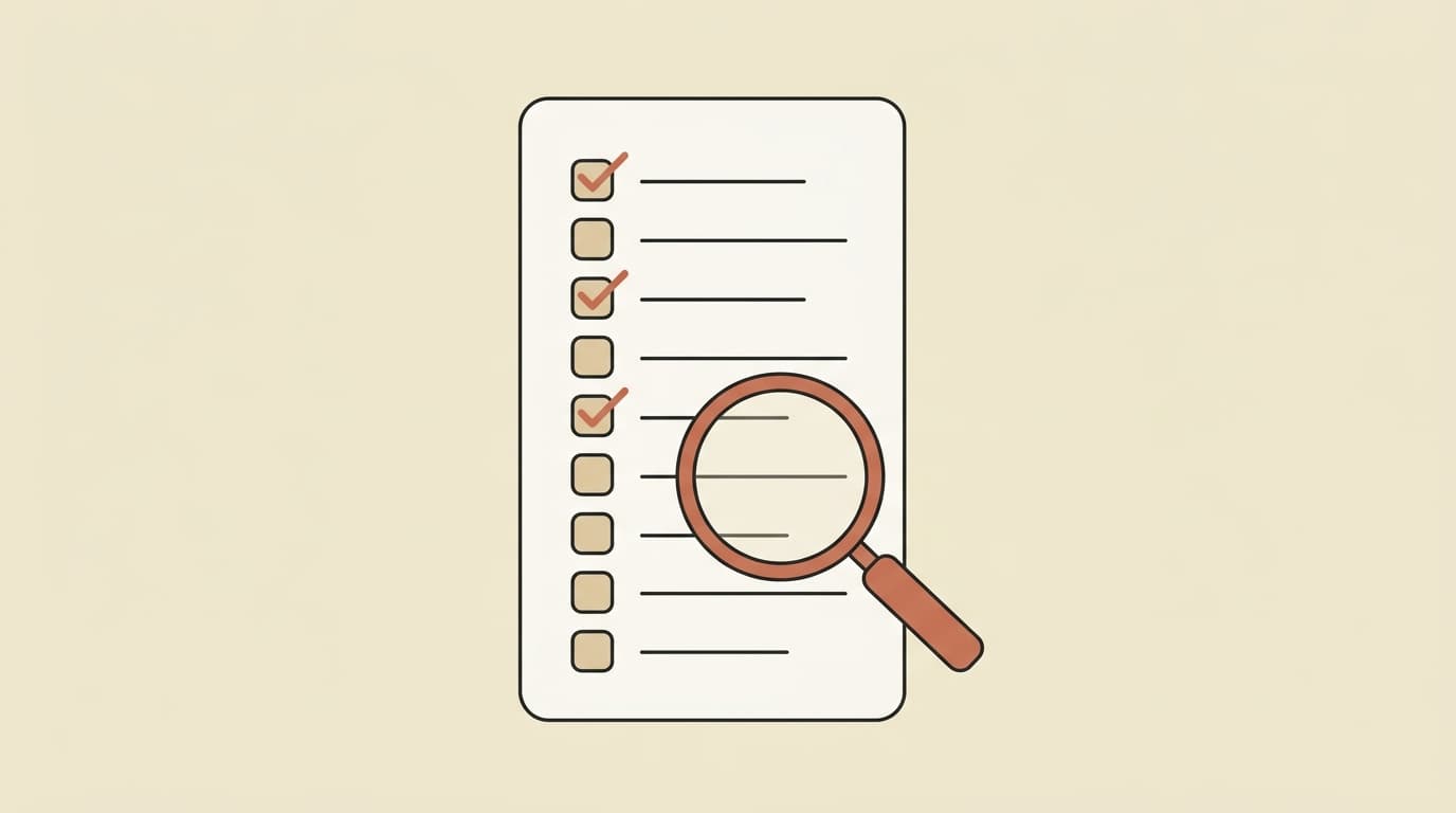 A tall tan checklist document outlined in charcoal with a column of short horizontal lines beside small square checkboxes, three of them marked with terracotta checks, and a small terracotta magnifying glass resting over the lower portion of the list.