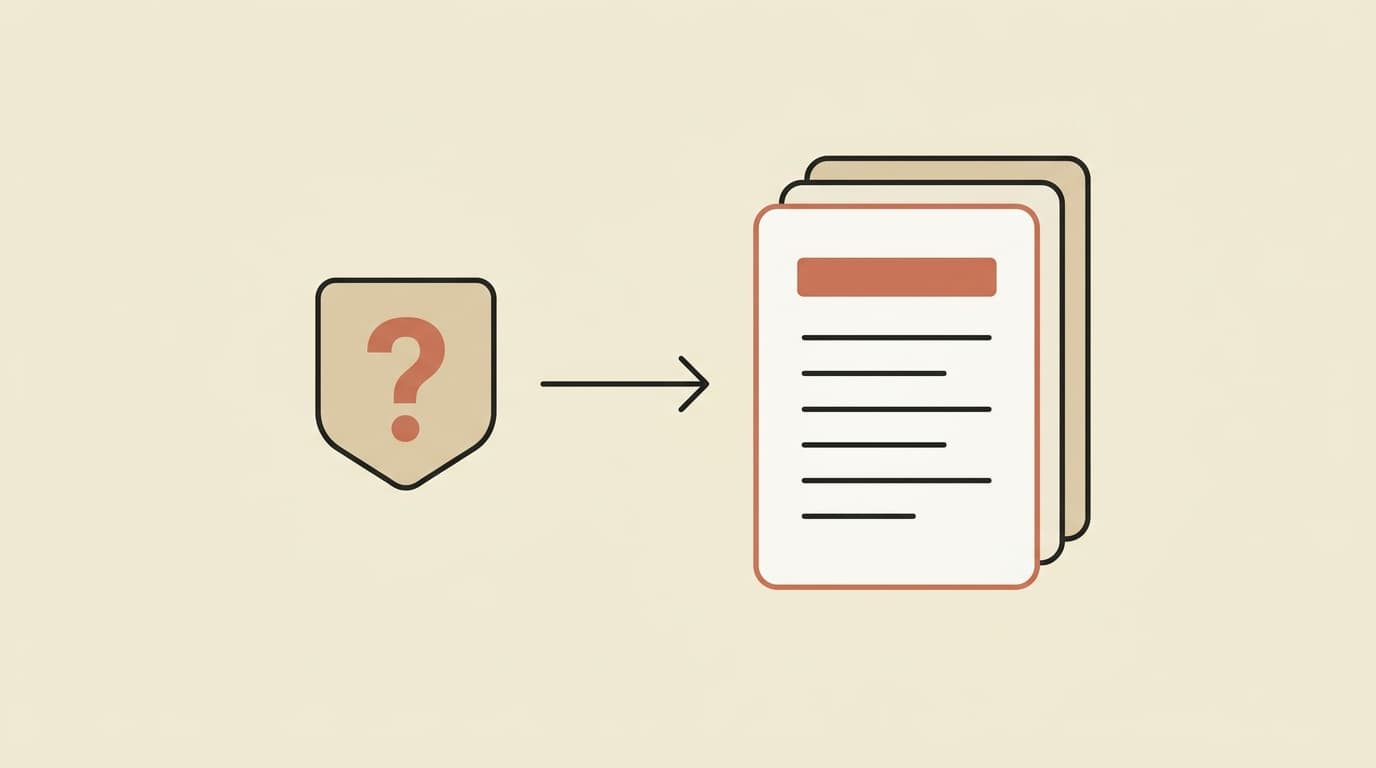 A tan badge shape on the left with a small terracotta question mark inside it, and on the right a multi-page report document with a visible date range bar and several short lines, connected by a thin charcoal arrow pointing from badge to report.