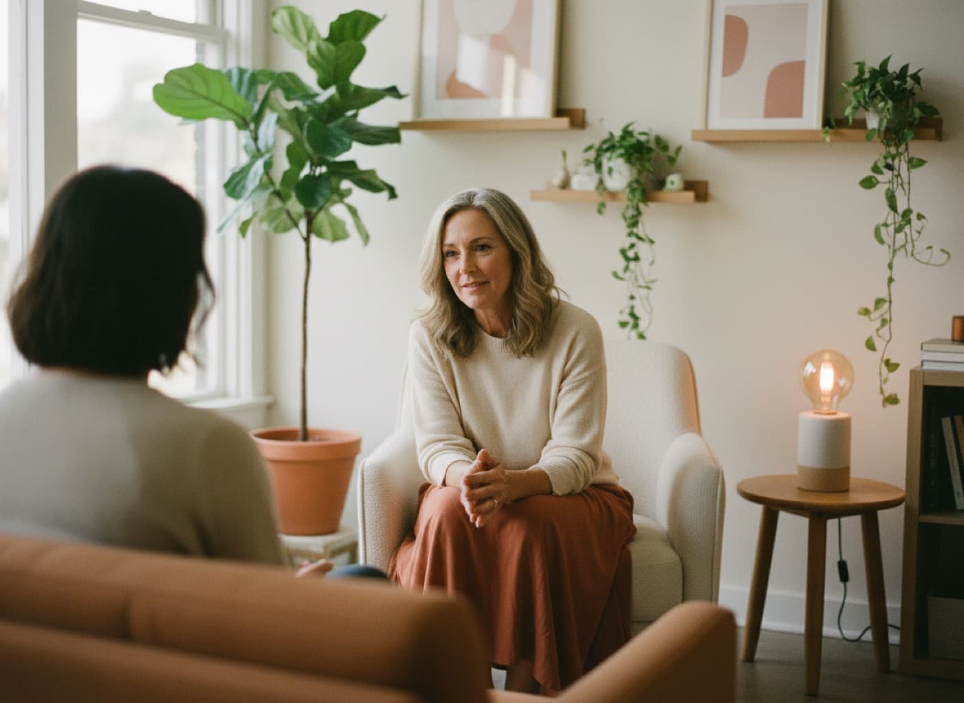 A therapist listening to a client in a calm counselling room