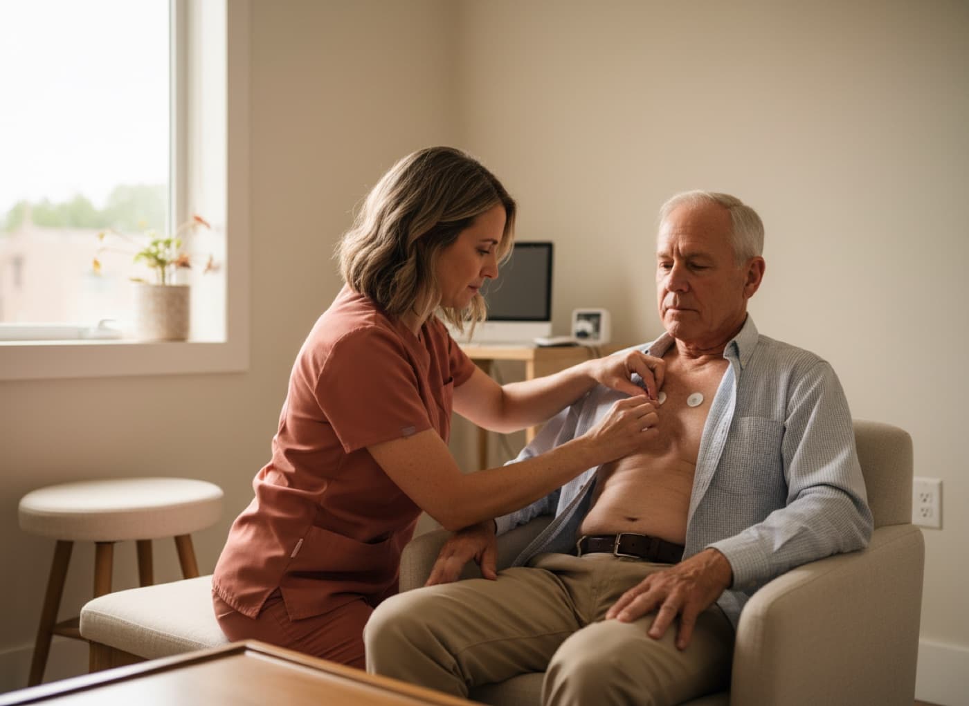 A cardiology nurse placing ECG electrodes on a seated patient in a clinic exam room