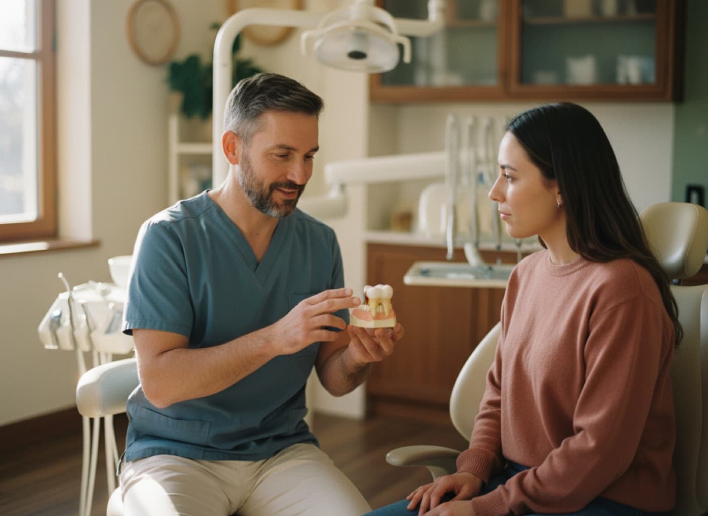 A dentist showing a patient a tooth model beside the dental chair
