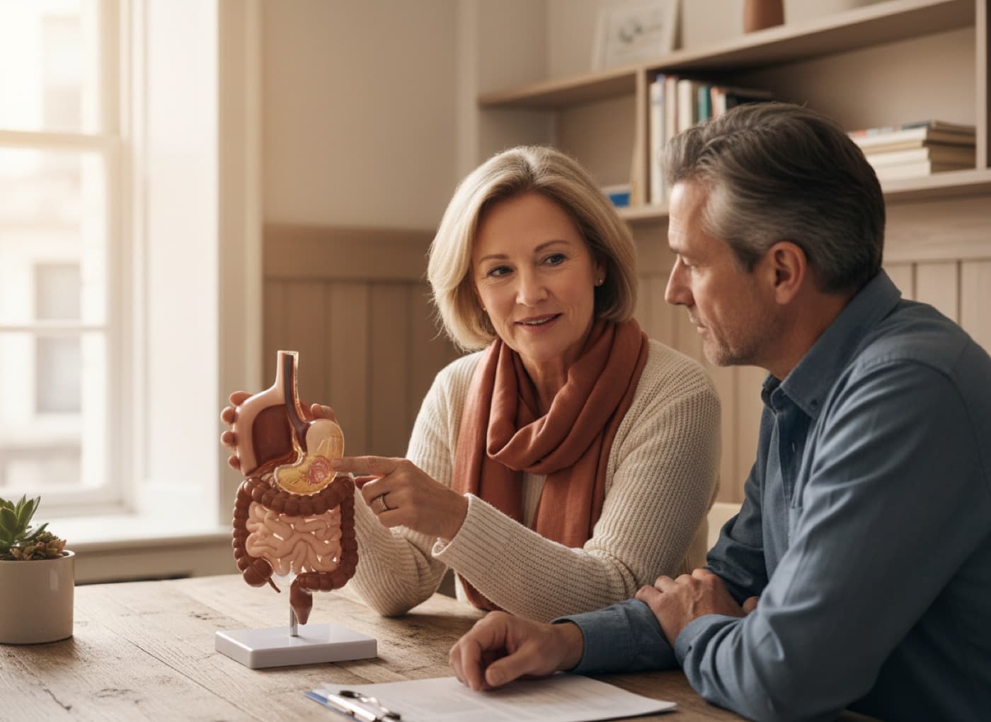 A gastroenterologist explaining a digestive system model to a patient in a consultation room