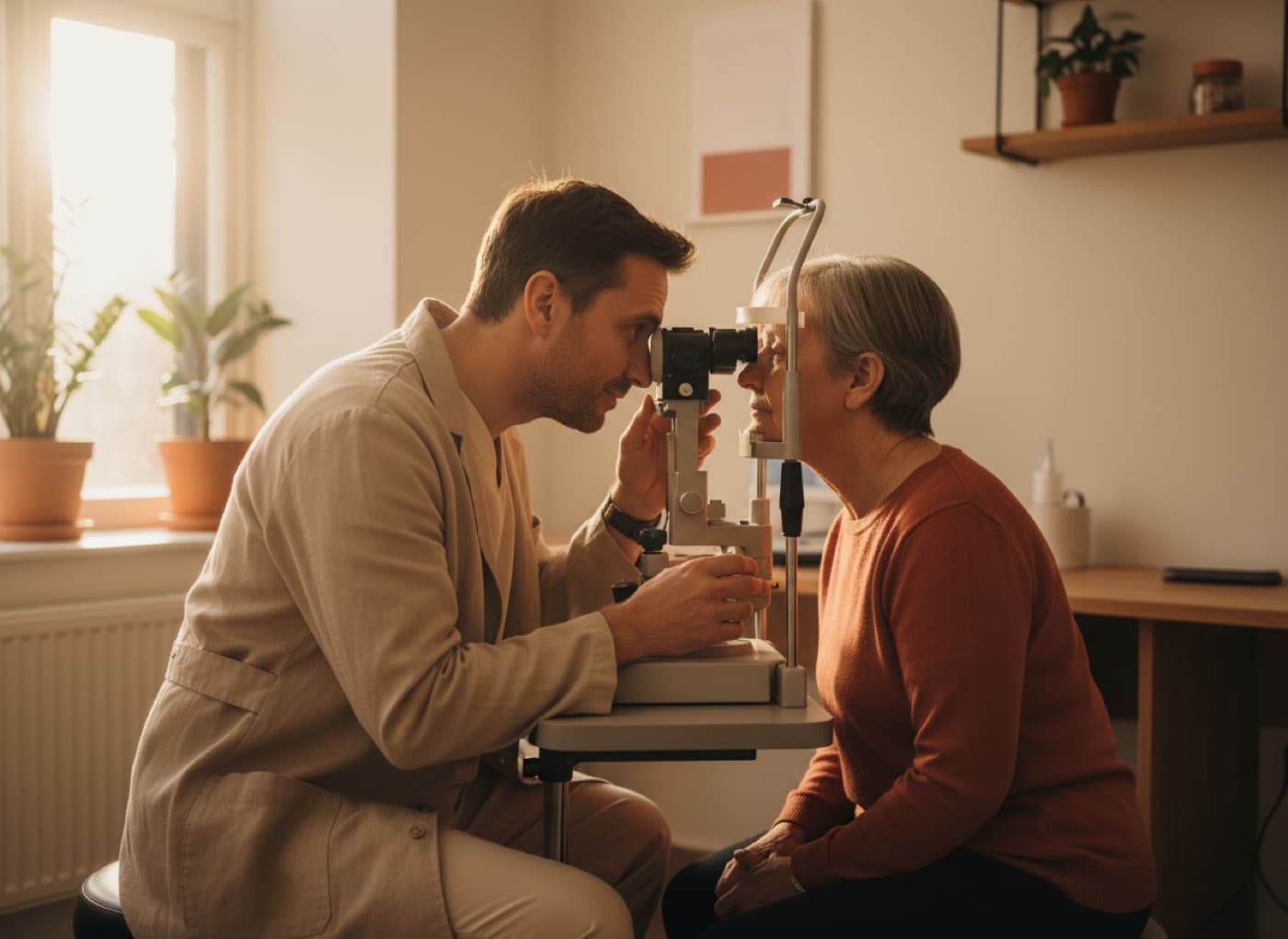 An eye doctor examining a seated patient’s eyes at a slit lamp