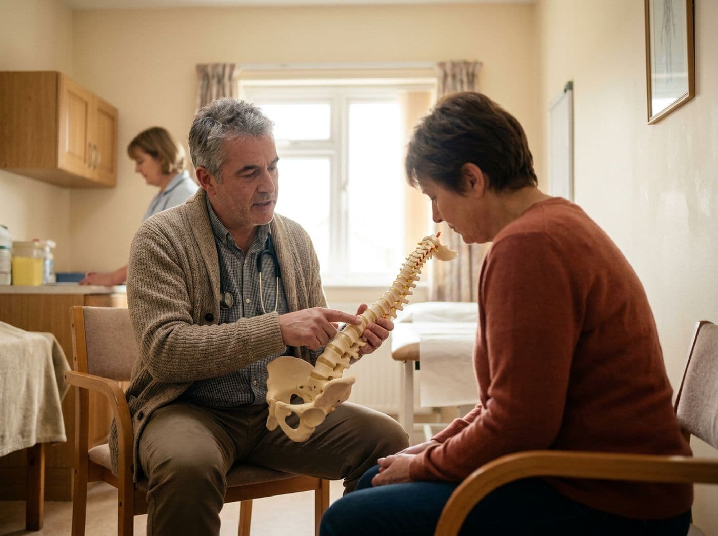 A pain management physician showing a patient a spine model in a small exam room