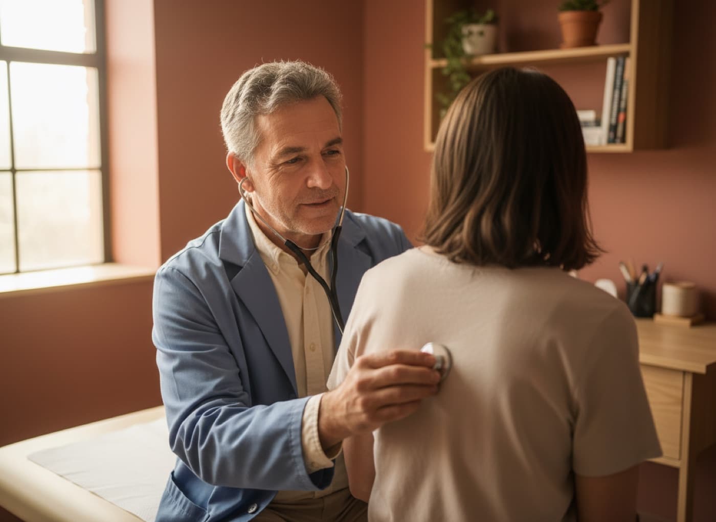 A family doctor listening to a patient’s lungs in a primary care exam room