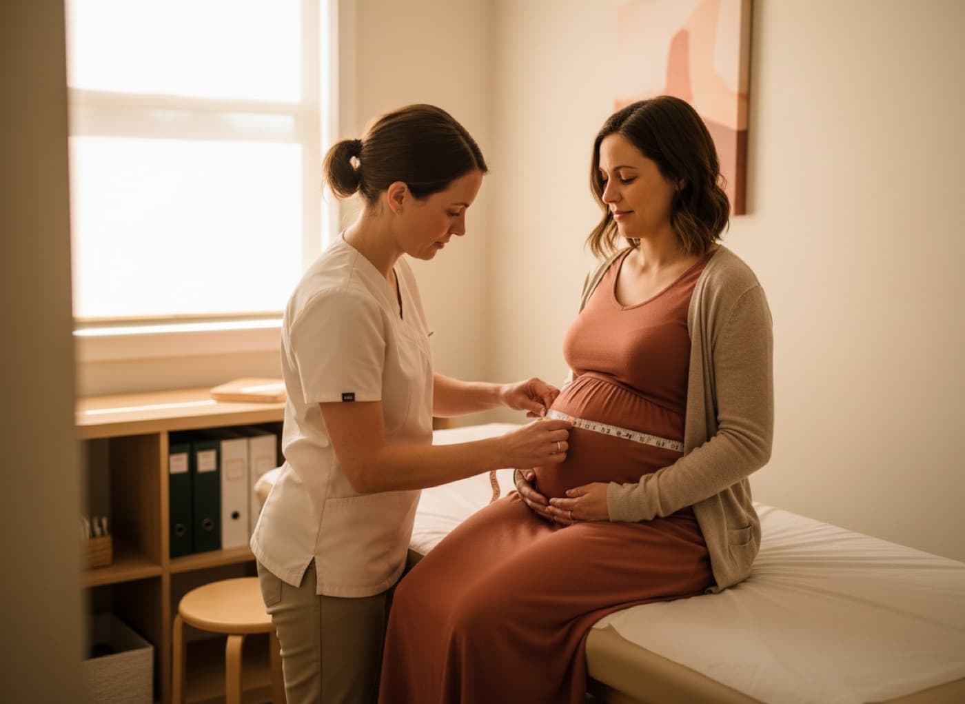 A nurse midwife measuring a pregnant patient’s belly with a soft tape in a women’s health clinic