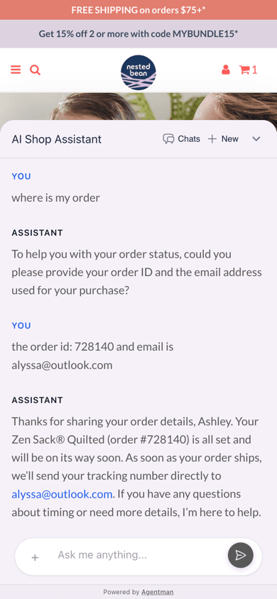 AI Shop Assistant helping customer check order status - real conversation showing personalized, instant support on Nested Bean store