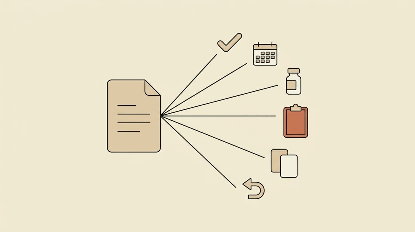 A single tan document at the left joined by thin charcoal lines that fan out to six small outlined shapes: a checkmark, a calendar, a vial, a clipboard form, two mismatched rectangles, and an arrow turning away — one arriving request resolving into six different kinds of work.