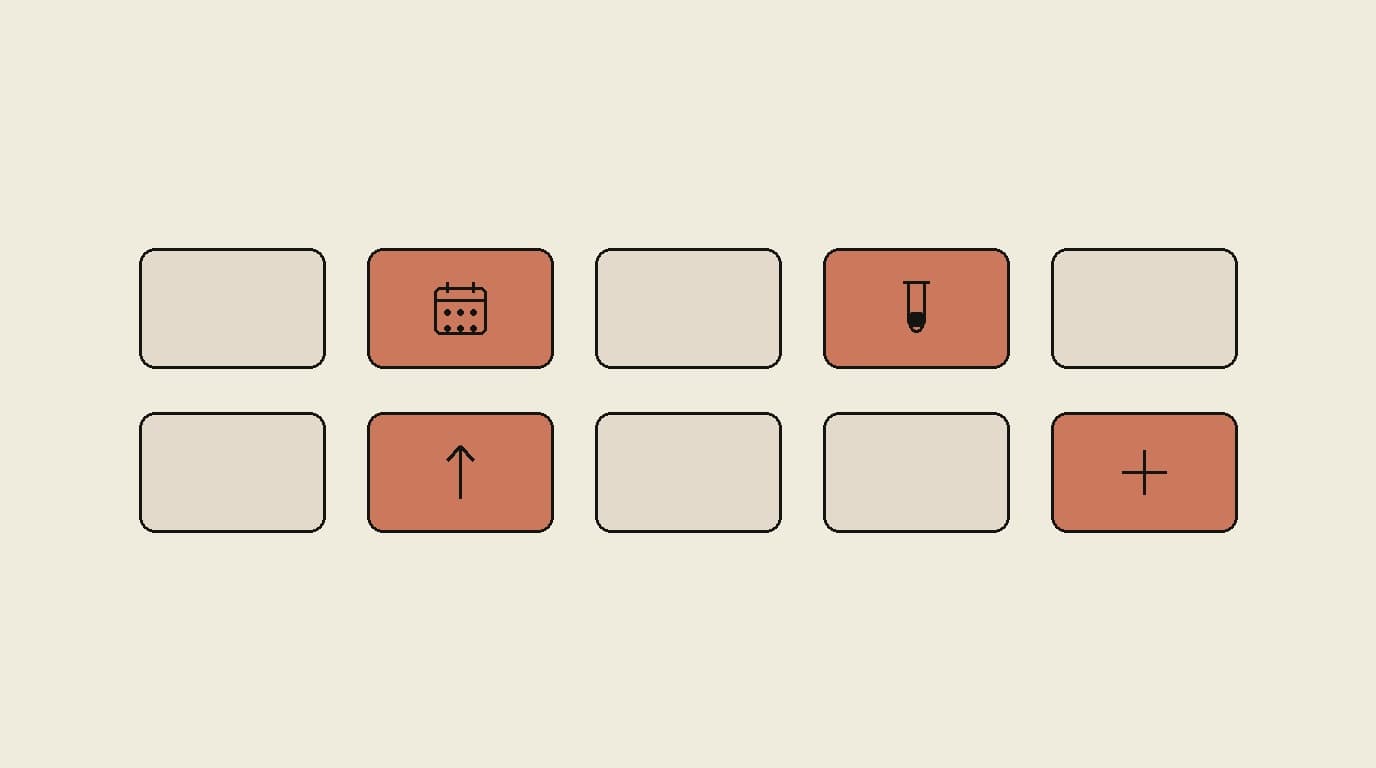 Ten small outlined pill-shaped tiles arranged in a grid on cream; six are plain tan, and four are terracotta, each marked with a small charcoal symbol — a calendar, a test tube, an upward arrow, and a cross — showing that a substantial share of routine-looking requests carry a finding.