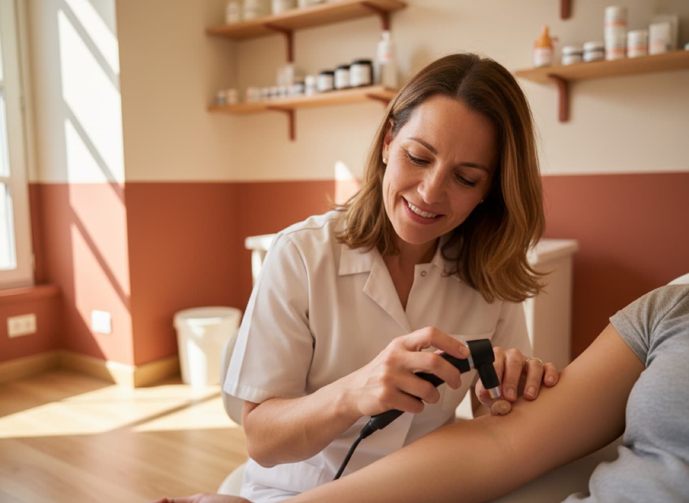 A dermatologist examining a mole on a patient’s arm with a handheld dermatoscope