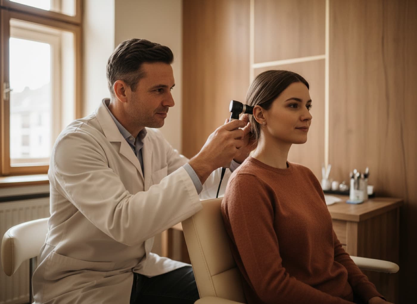 An ENT doctor looking into a seated patient’s ear with an otoscope