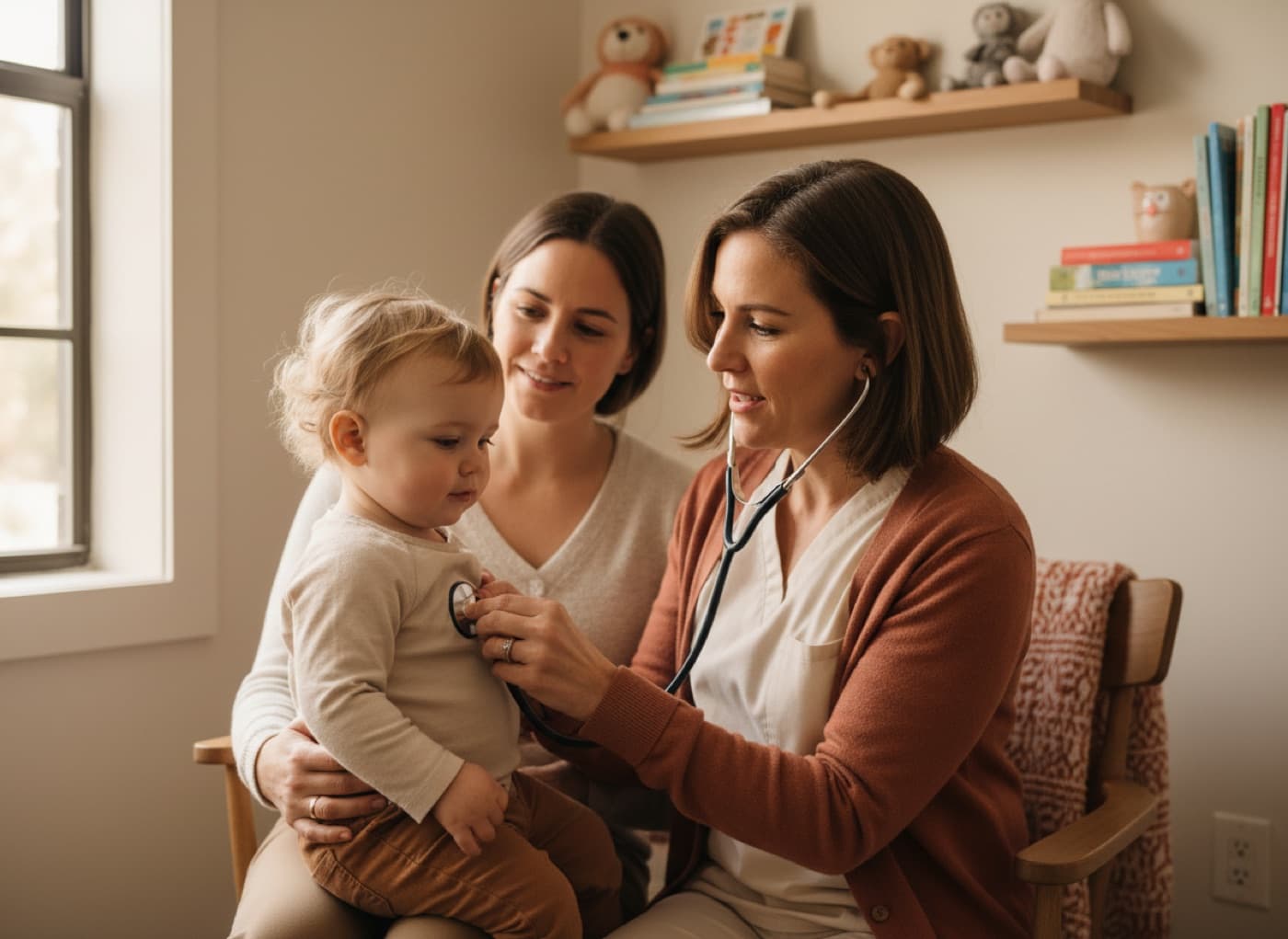 A pediatrician listening to a toddler’s chest while the child sits on a parent’s lap