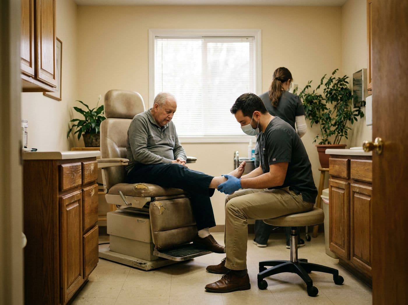 A podiatrist examining a patient’s foot in a small exam room