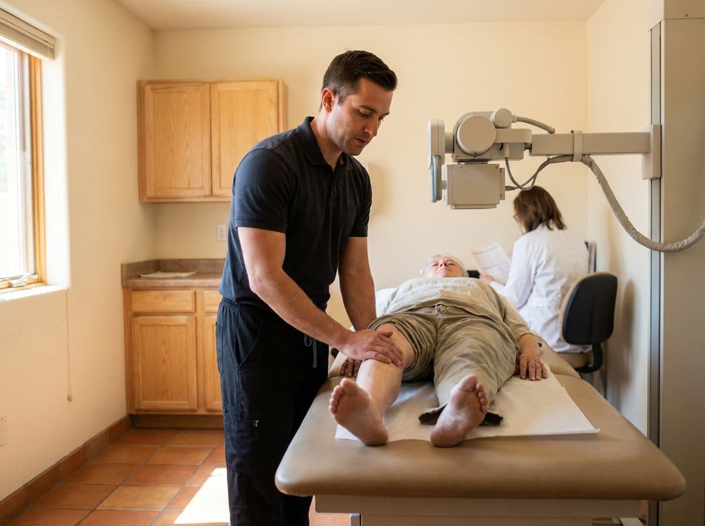 A radiologic technologist positioning a patient’s knee for an X-ray in a small imaging center