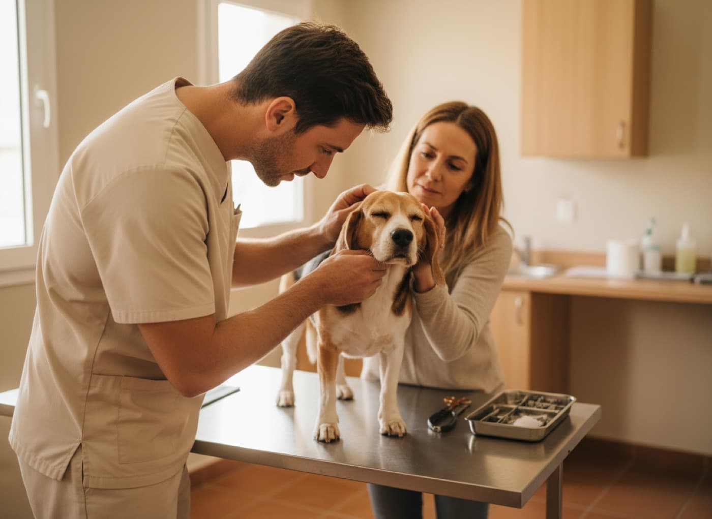 A veterinary technician checking a beagle’s ear on an exam table while the owner holds the dog