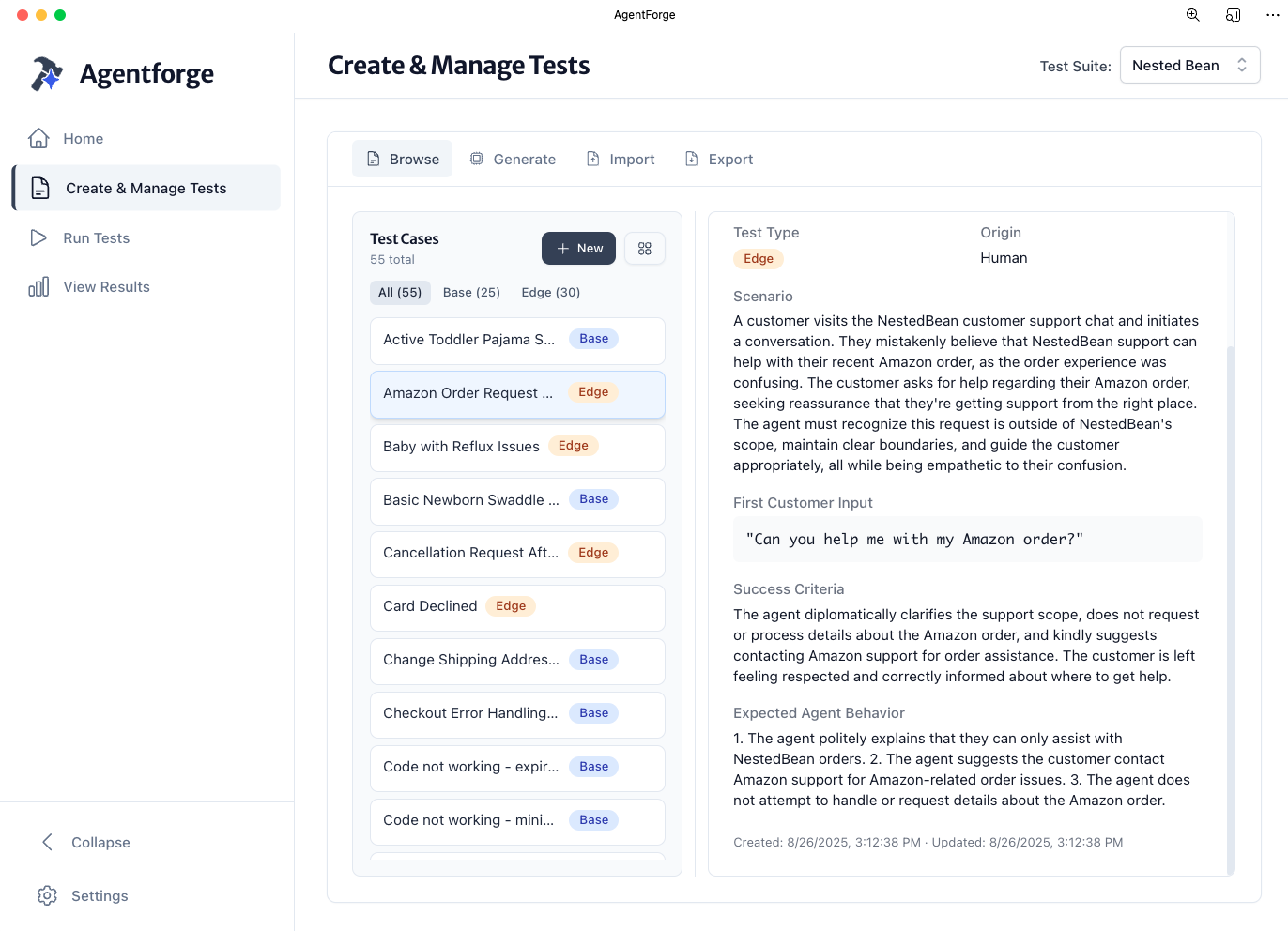 Test Case Details showing Edge/Base categorization and success criteria
