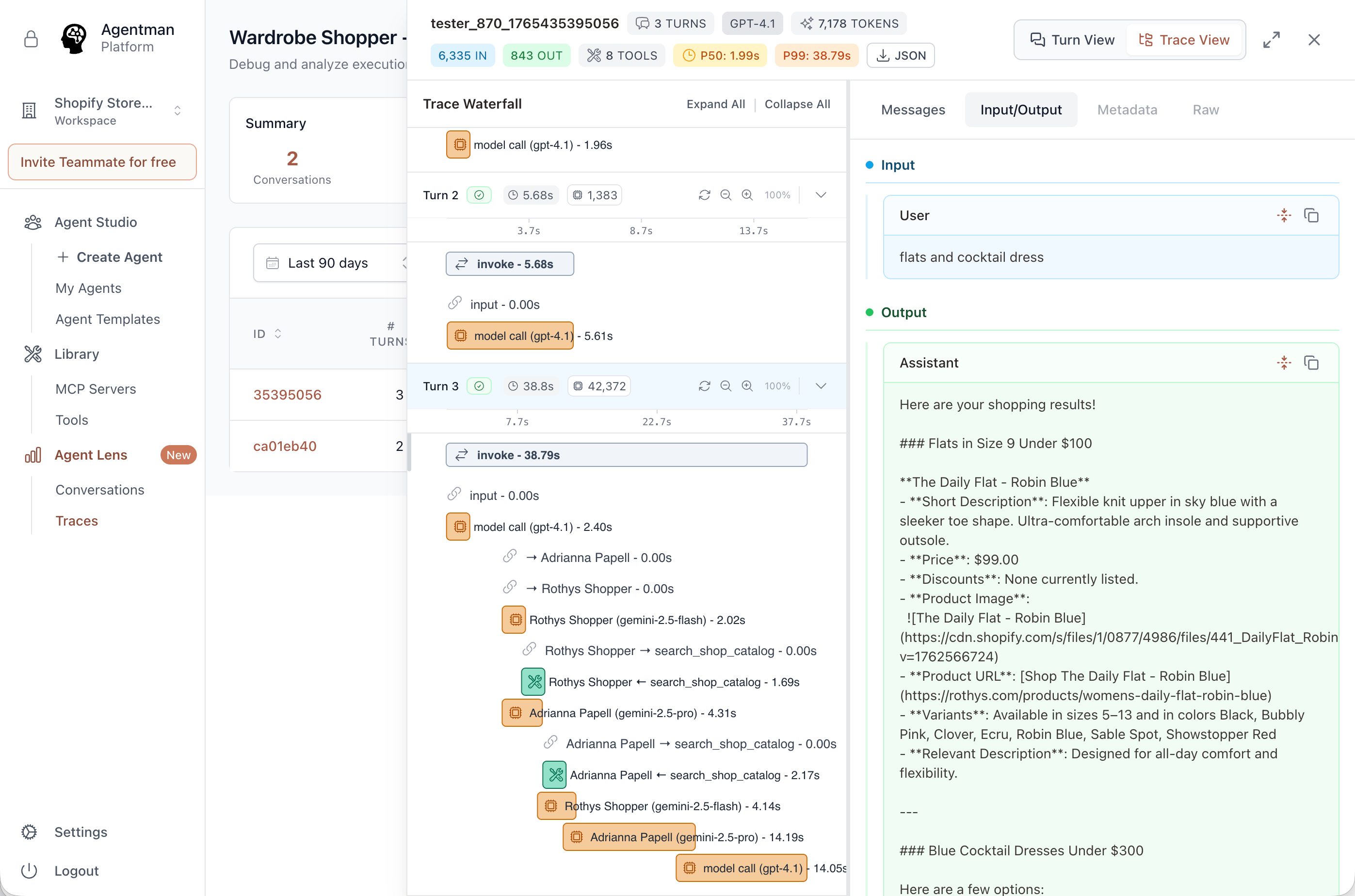 Trace waterfall showing Wardrobe Shopper → Adrianna Papell + Rothys Shopper flow