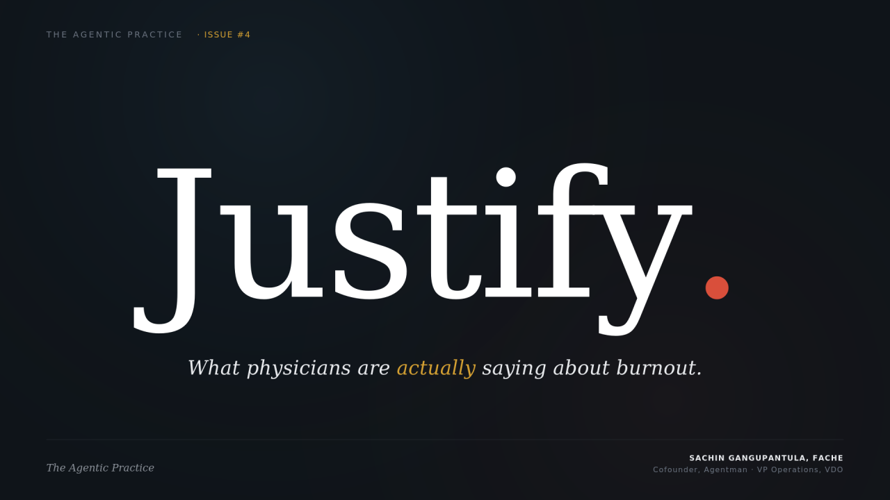 The Agentic Practice Issue 4 cover: the word Justify with the subtitle What physicians are actually saying about burnout