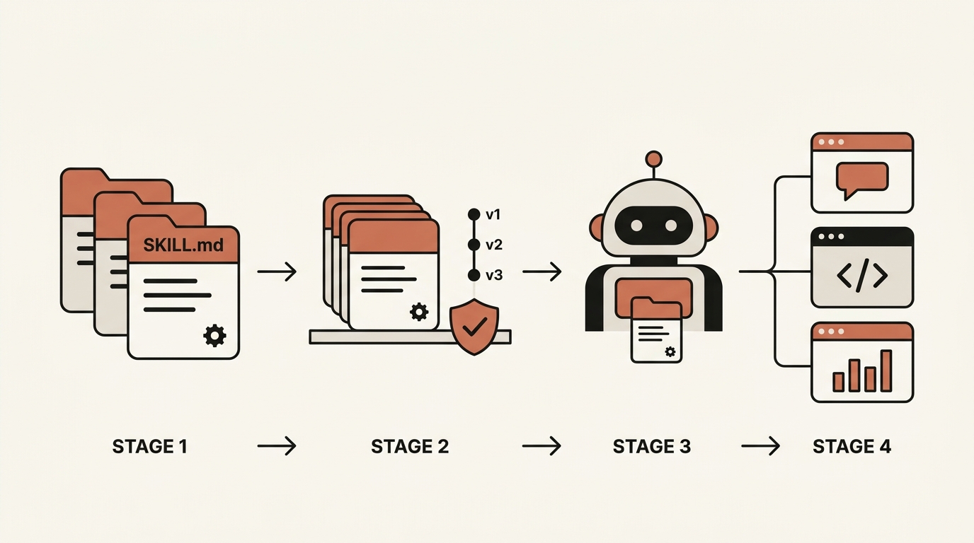 Flat geometric illustration of the agent skills workflow: SKILL.md files organized into a curated, version-controlled library, assembled into an AI agent that runs across multiple AI tools.