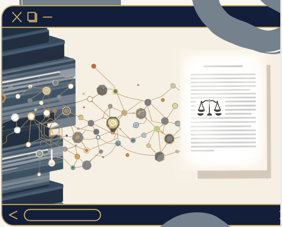 Flat editorial illustration of legal contracts flowing through a structured grid of AI agent skill nodes into a polished contract with clause-level risk indicators