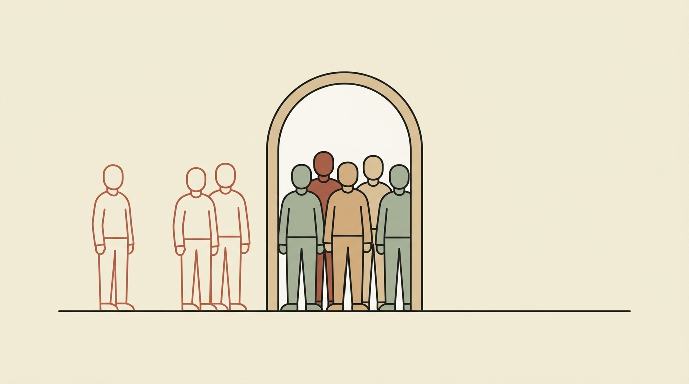 A tan doorway outlined in charcoal with a wide arch, sized so that five small figures fit through it together while a single figure and a pair stand outside at a smaller scale — a vendor minimum drawn as a doorway that only groups of five or more can pass through.