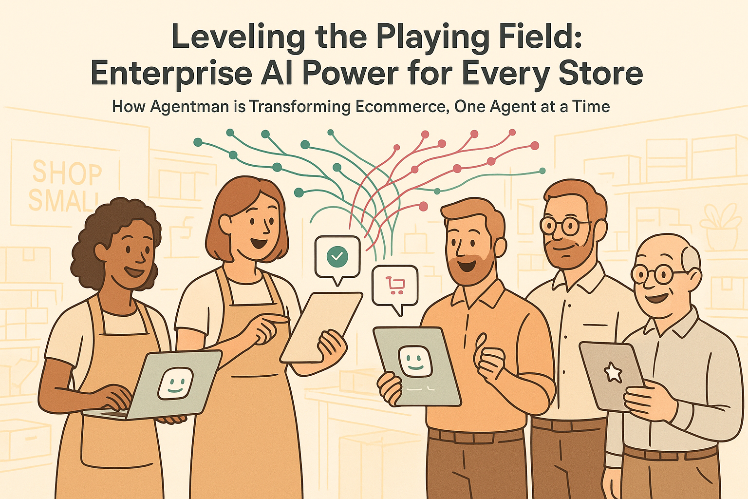 Illustration of AI agents helping small ecommerce stores compete with enterprise retailers