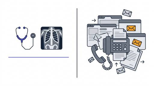 Split flat illustration contrasting clinical AI on the left — a clean stethoscope and chest X-ray with calm geometric lines — against administrative AI on the right — a cluttered cluster of overlapping payer browser tabs, a fax machine, a phone receiver with a coiled cord, paper stacks, and a caution-amber denial-letter envelope.