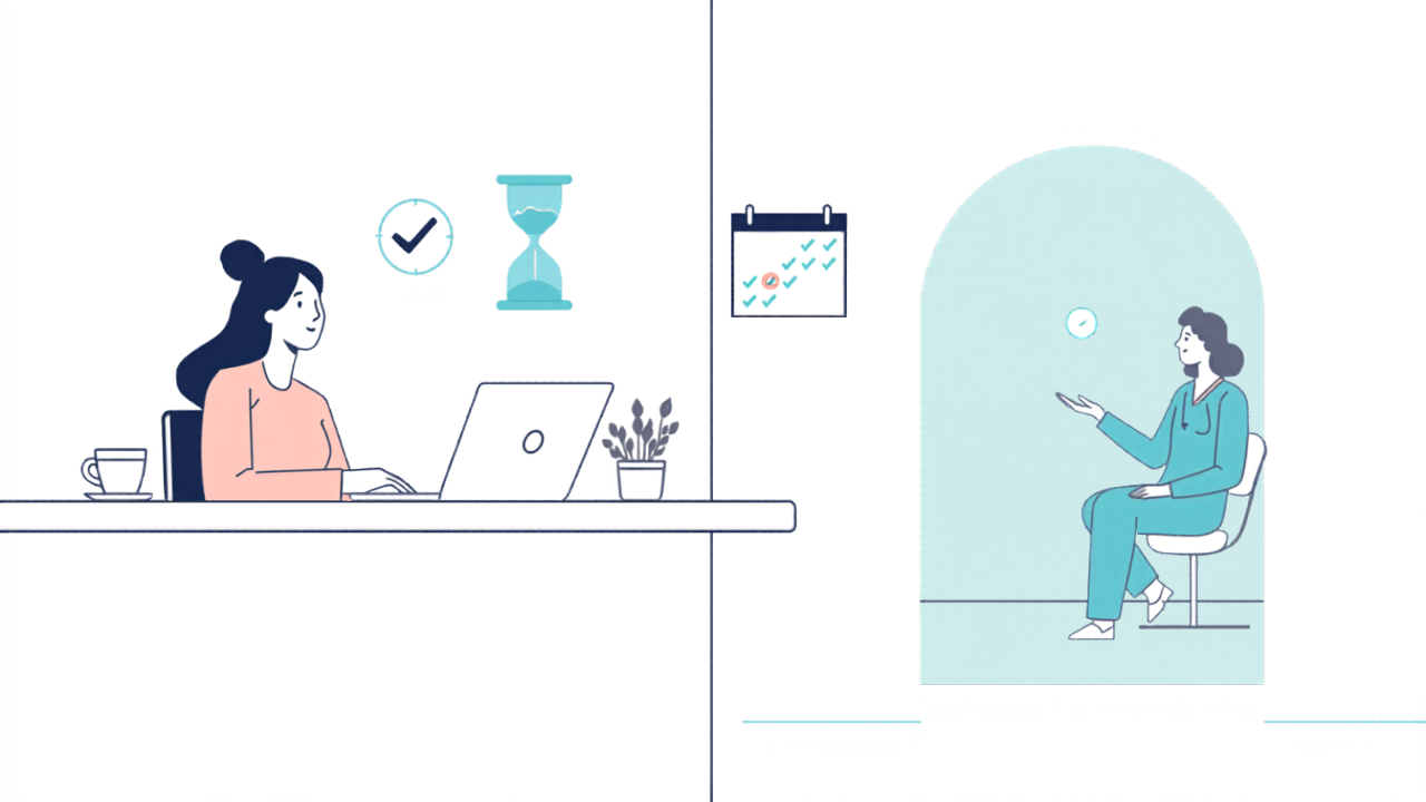 Flat-vector illustration of a calm front-desk worker at a medical practice reviewing a scheduling dashboard with completed checkmarks, while in an adjacent room a clinician has an unhurried conversation with a patient — visualizing how recovered staff hours from automated eligibility verification translate into more attentive patient care.