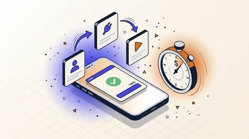 Isometric flat illustration of a smartphone showing an eligibility-verified result connected by a three-step floating-card flow to a stopwatch reading five minutes, in indigo and warm terracotta, representing self-serve healthcare software onboarding from sign-up to first agent in five minutes.
