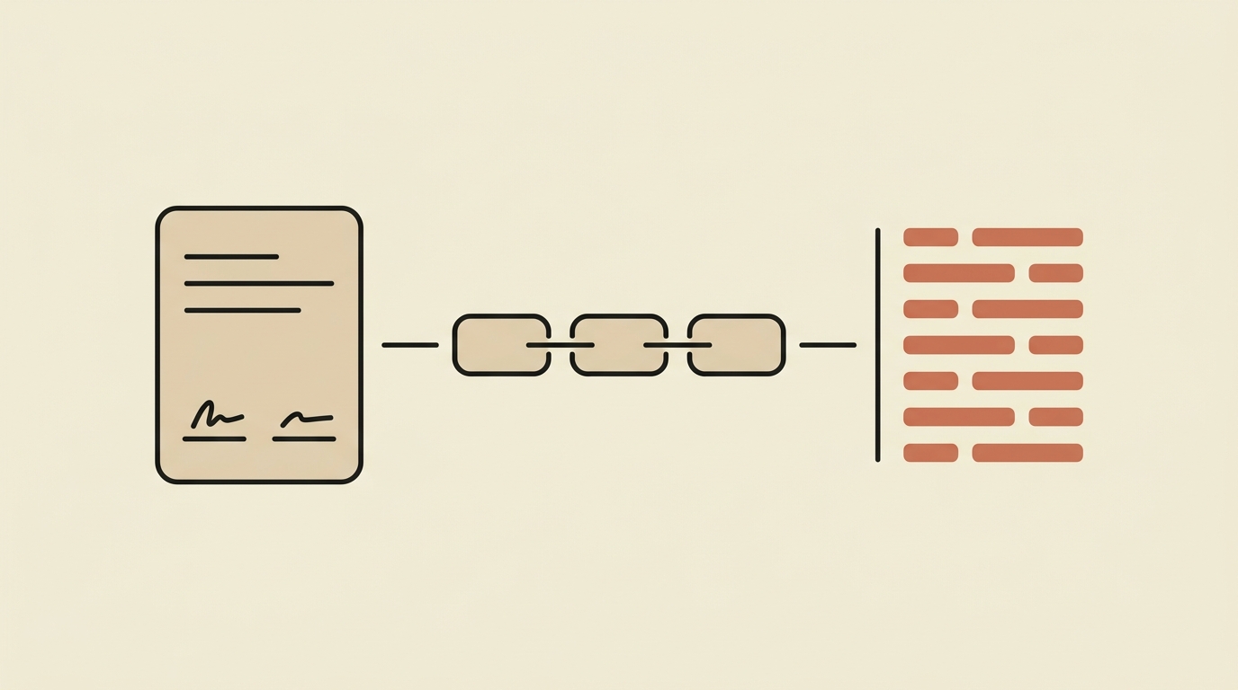 Three elements in a row joined by thin lines: a tan document with signature marks, a horizontal chain of three linked tiles, and a block of stacked terracotta dashes beside a vertical rule — the signed agreement, the subprocessor chain it binds, and the audit log that records what happened.