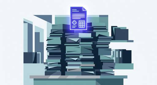 Flat geometric illustration of a tall stack of paper documents with one critical document highlighted in indigo rising to the top, representing a priority hospital discharge fax surfacing from a busy practice inbox
