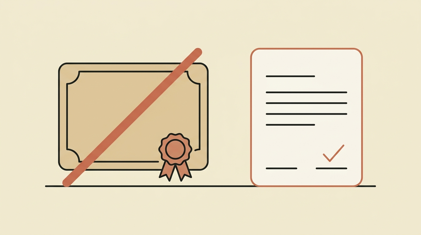 A tan certificate shape with a rosette seal, outlined in charcoal, with a terracotta line struck through it. Beside it, a plain rounded document with signature lines at the bottom and a terracotta outline — the certificate that does not exist next to the signed agreement that does.