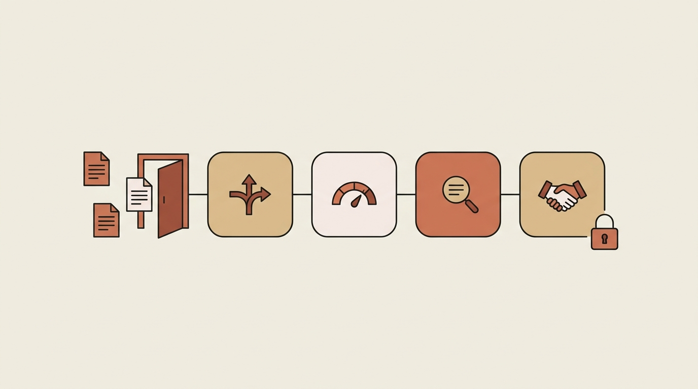 Flat editorial illustration of contracts flowing through a front door into four chained AI agent skills — intake triage, risk scoring, analysis, and negotiation — with a padlock signaling use-only governance