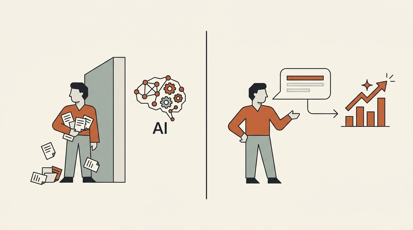 Split illustration: on the left, a domain expert sidelined behind an AI barrier filing requirement tickets; on the right, the same expert describing the behavior in plain English, leading to a productivity boost.