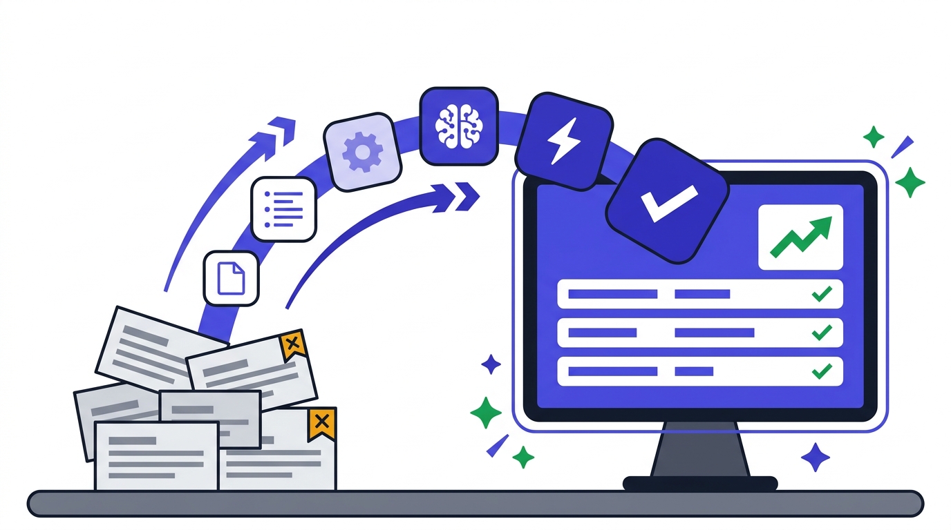 Flat geometric illustration showing chaotic prior authorization paperwork on the left, with a powerful stream of agent skills flowing into a fully energized computer dashboard on the right — visualizing how Agentman's MedMan PA automation transforms manual document logistics into a powered, in-control workflow