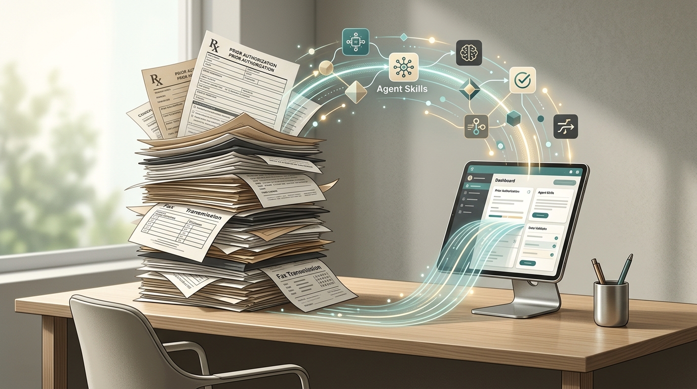 Editorial illustration showing prior authorization paperwork transforming into a streamlined digital agent workflow on a small medical practice desk