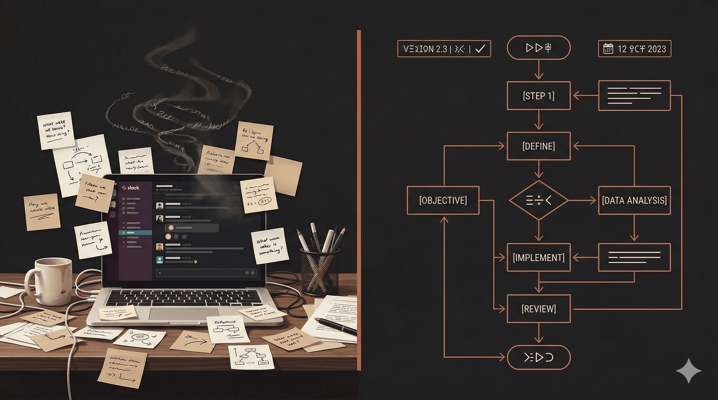 Humorous illustration of Sarah triumphantly holding a golden Skill scroll while Marcus drowns in a mountain of scattered prompts in a modern tech office